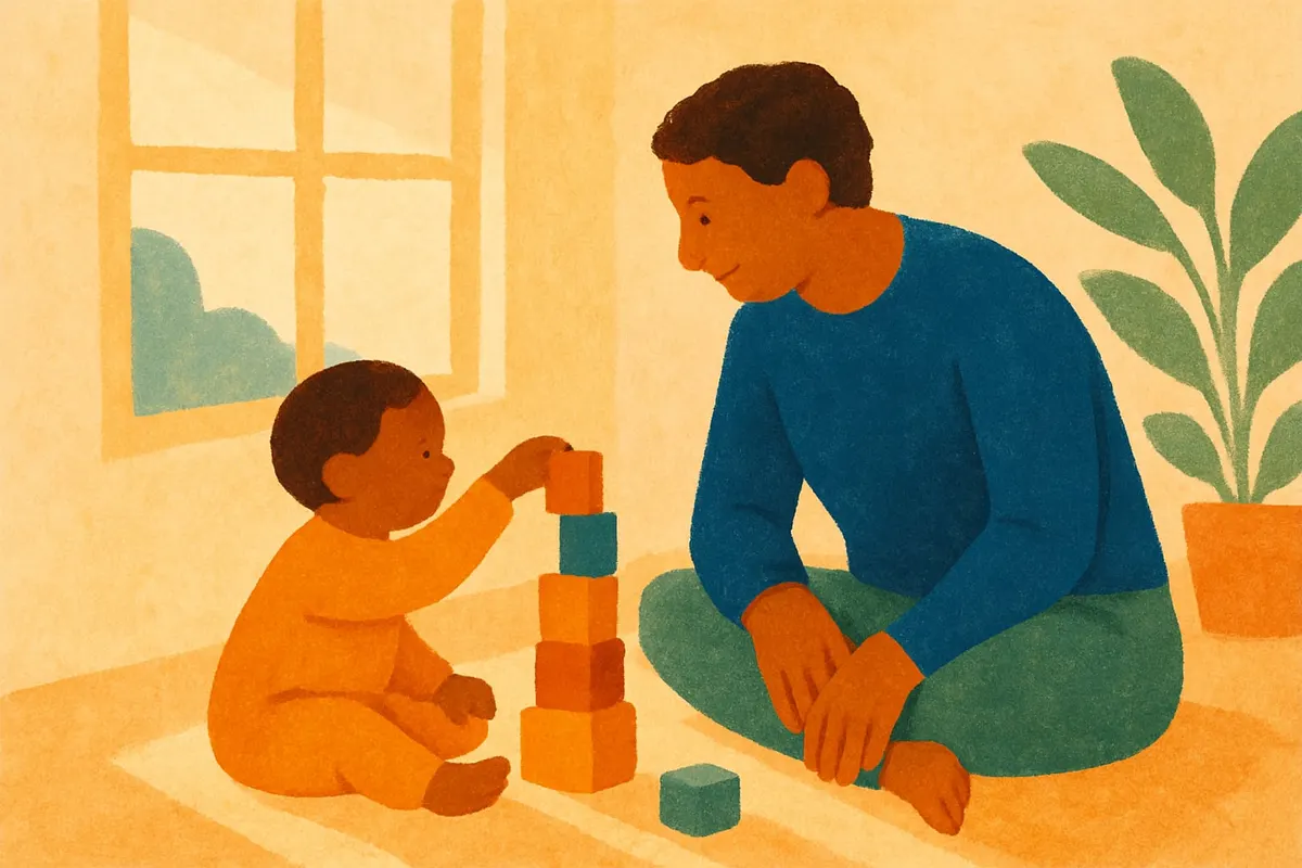 A parent sits on the floor and watches a toddler stack blocks, fully present.