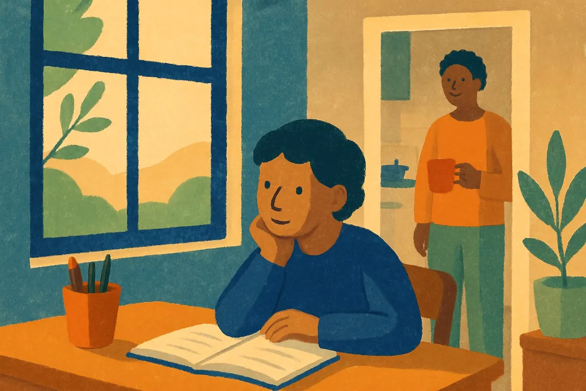 A child does homework at a desk while a parent stays in the doorway with a cup of tea.