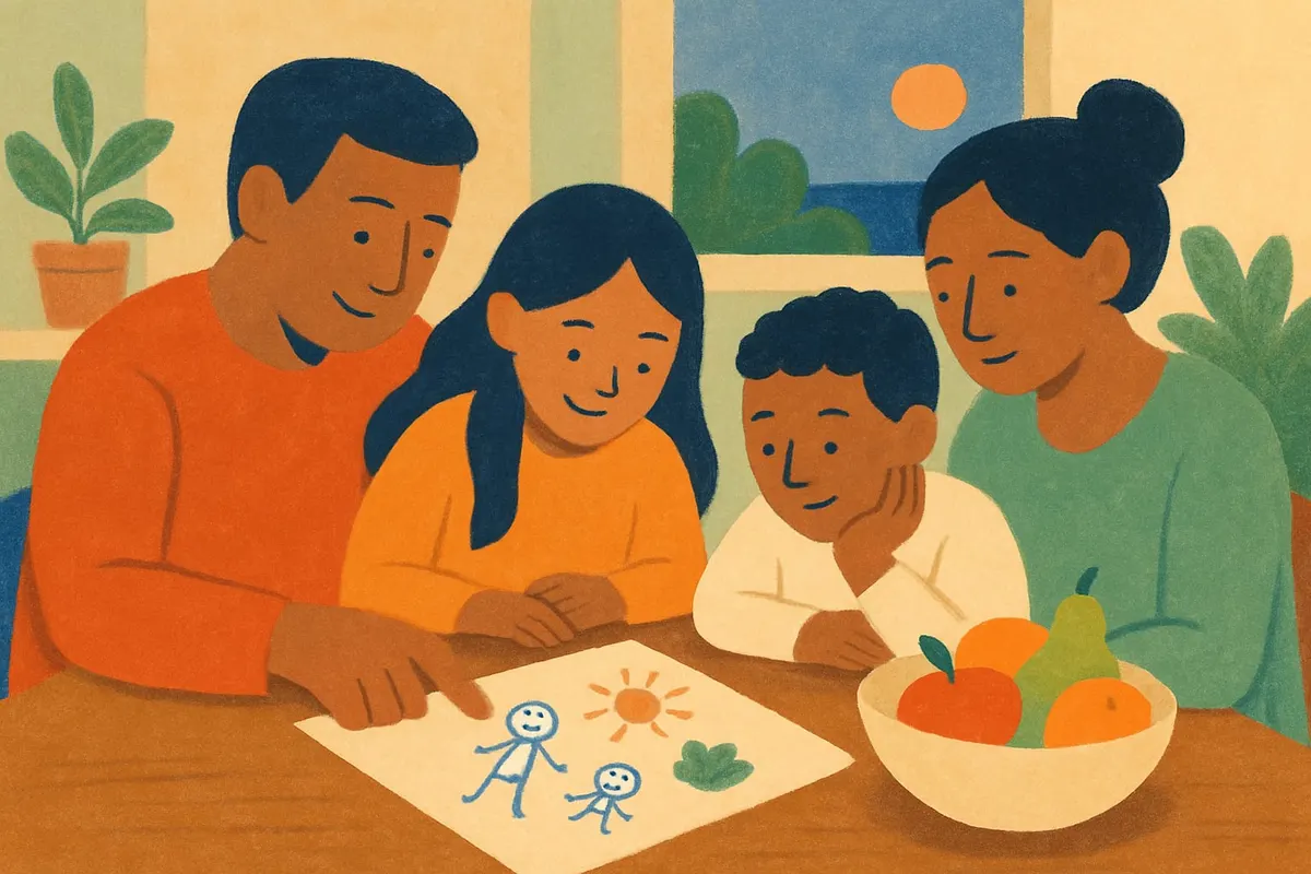 A family around the kitchen table on Sunday, leaning in over a sheet of paper.