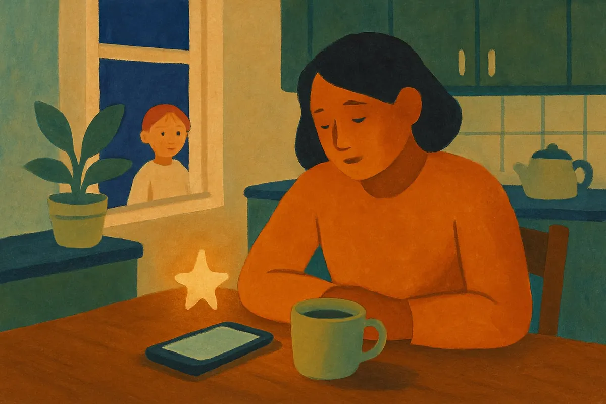 A parent at the kitchen table at night, a small glowing star above the phone as a quiet helper.