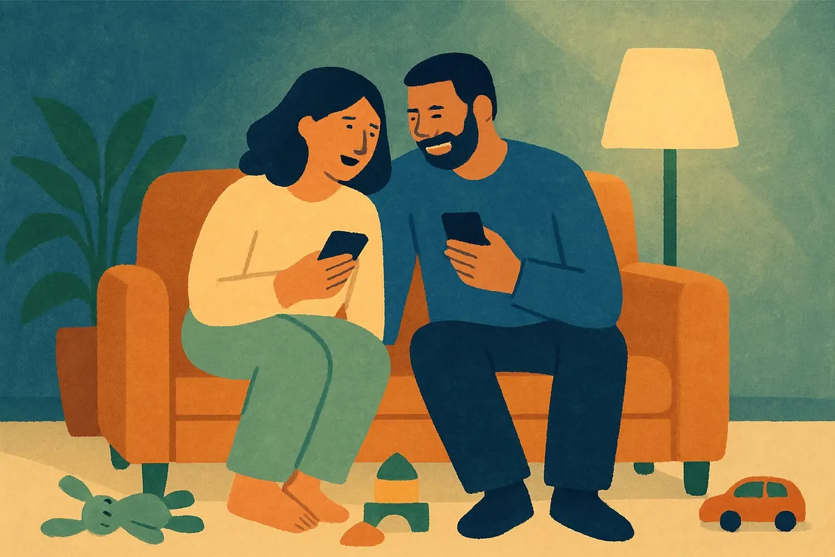Two parents on the sofa in the evening, phones in hand, leaning toward each other.