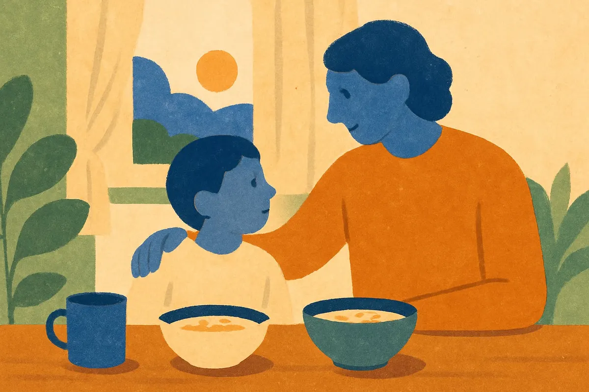 At breakfast, a parent sits close to a child with a hand on the child's shoulder.