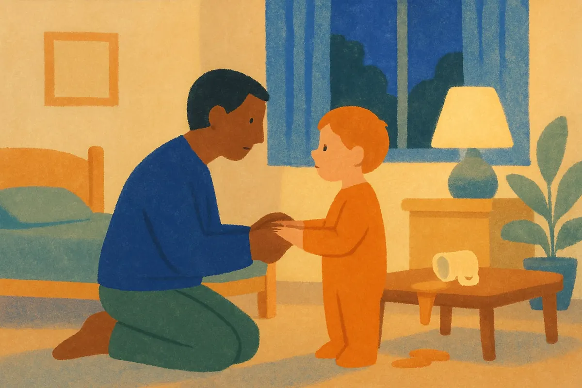 A parent kneels in the evening light and holds a small child's hands, both calm again.