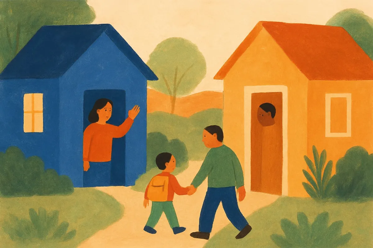 Two houses connected by a path; a child with a backpack walks from one parent to the other.