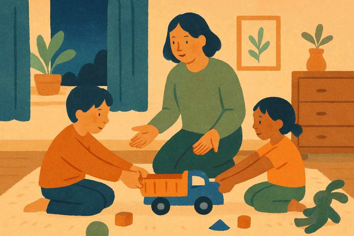 Two siblings pull on the same toy while a parent kneels between them with open hands.