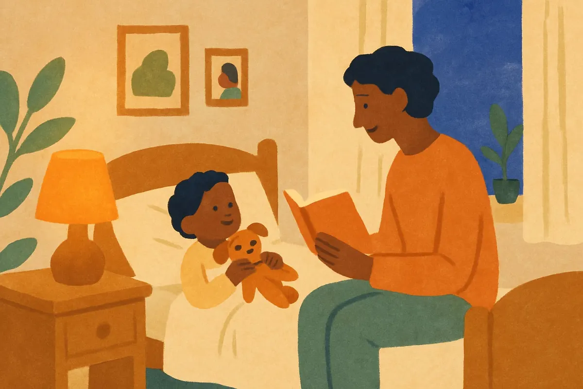 A parent reads aloud at the bedside while a small child holds a stuffed animal in the lamplight.