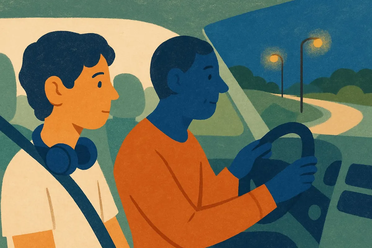 A parent drives at dusk with a teenager in the passenger seat, both looking ahead.