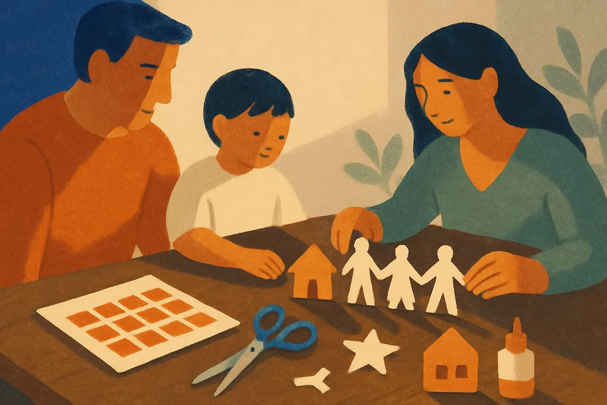 Paper cut-outs of a calendar, a house, a star and a family on a work table, being put together.