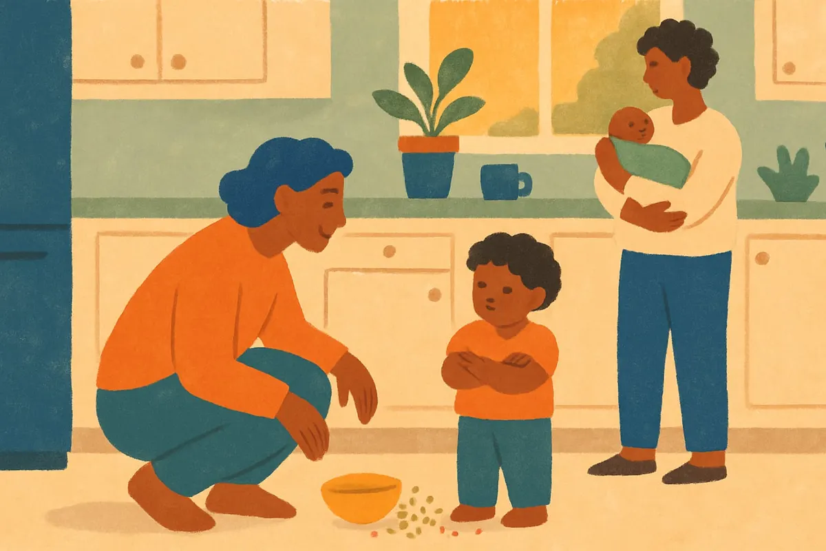 A parent crouches to eye level with an upset small child in the kitchen, spilled cereal on the floor.